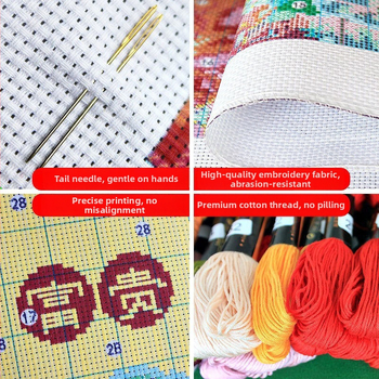 Set križićnog šivanja – Motiv: četiri zečića u kuhinji, idilični stil, pamučne niti, platno 11CT