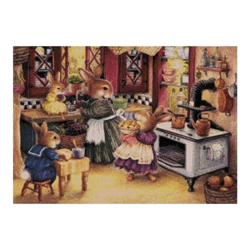 Set križićnog šivanja – Motiv: četiri zečića u kuhinji, idilični stil, pamučne niti, platno 11CT