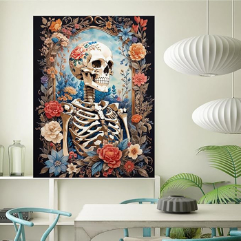 Diamantfestés készlet koponya-virág mintával, keresztszemes hímzés, textil hímzés, modern minimalist stílus