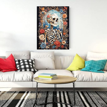 Diamantfestés készlet koponya-virág mintával, keresztszemes hímzés, textil hímzés, modern minimalist stílus