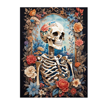 Diamantfestés készlet koponya-virág mintával, keresztszemes hímzés, textil hímzés, modern minimalist stílus