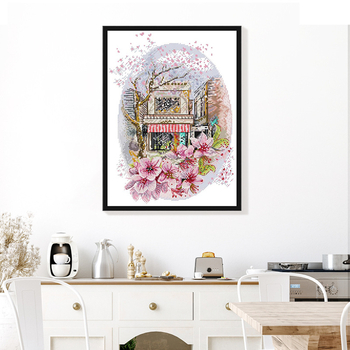 Set za križno šivanje: Motiv krajolika s cvjetovima trešnje u punom cvatu, 14 ct ekološka pamuka, stil lagani luksuz