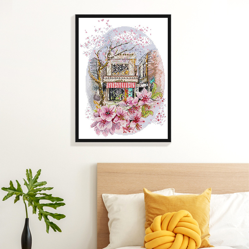 Set za križno šivanje: Motiv krajolika s cvjetovima trešnje u punom cvatu, 14 ct ekološka pamuka, stil lagani luksuz