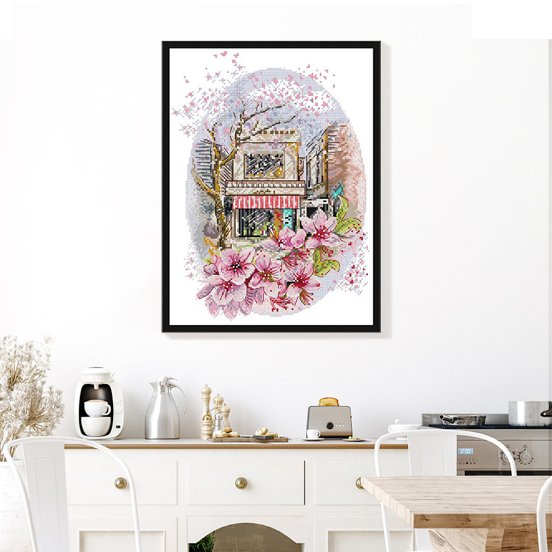 Set za križno šivanje: Motiv krajolika s cvjetovima trešnje u punom cvatu, 14 ct ekološka pamuka, stil lagani luksuz