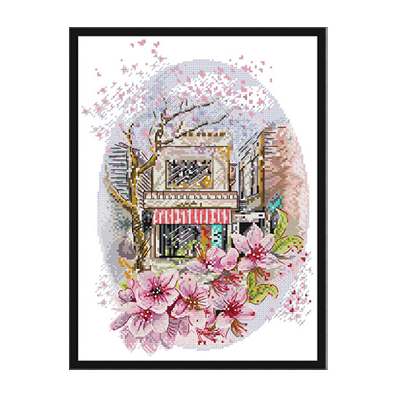 Set za križno šivanje: Motiv krajolika s cvjetovima trešnje u punom cvatu, 14 ct ekološka pamuka, stil lagani luksuz