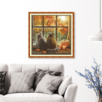 Set križićnog veza: mačka na prozoru, platno 11CT, ekološka pamuk, crtani motiv