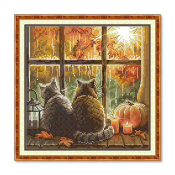 Set križićnog veza: mačka na prozoru, platno 11CT, ekološka pamuk, crtani motiv