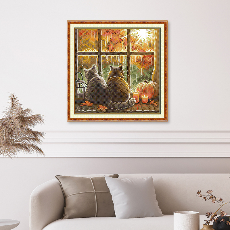 Set križićnog veza: mačka na prozoru, platno 11CT, ekološka pamuk, crtani motiv