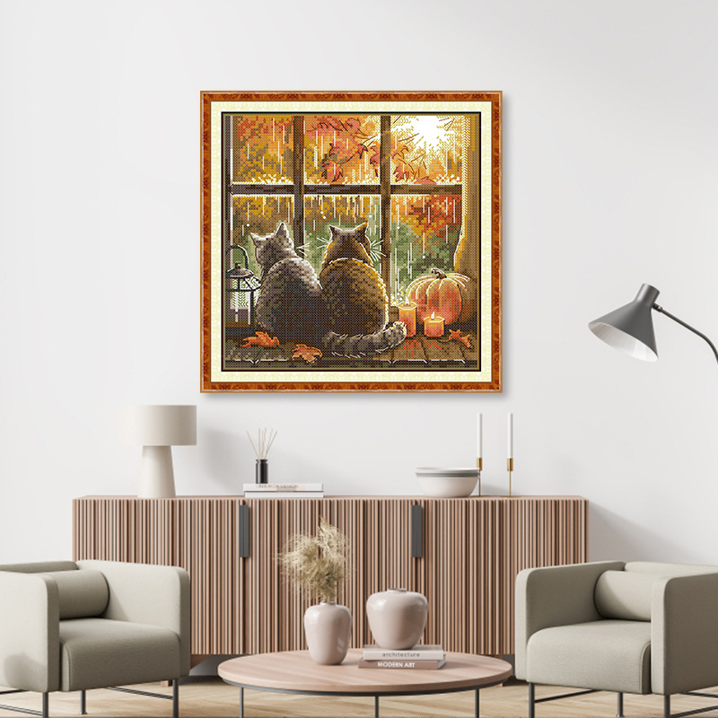 Set križićnog veza: mačka na prozoru, platno 11CT, ekološka pamuk, crtani motiv