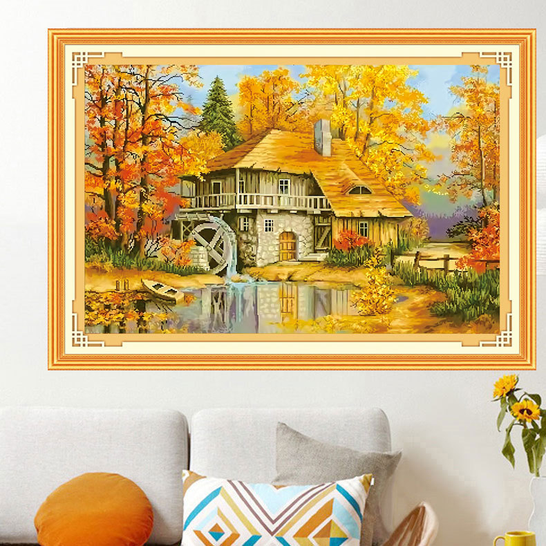 Mona Lisa križićni set – motiv krajolik, pamukovo platno, moderni minimalistički stil