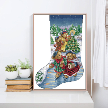 Križićni set: Božićna čarapa s medvjedom za dnevni boravak, platno 11CT, DIY izrada