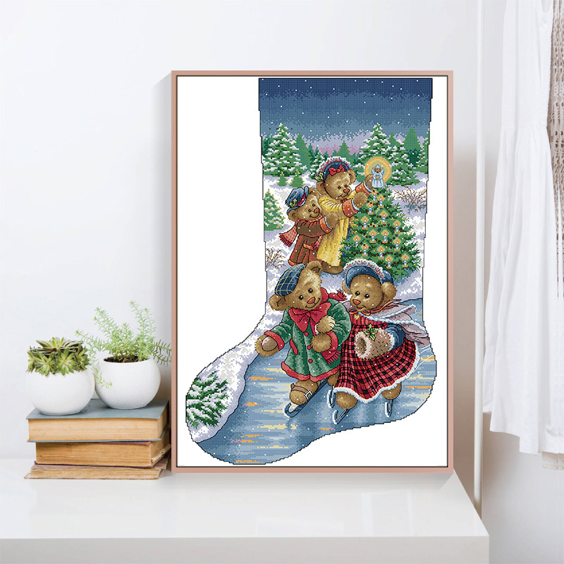 Križićni set: Božićna čarapa s medvjedom za dnevni boravak, platno 11CT, DIY izrada
