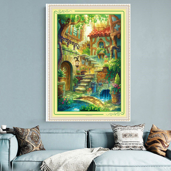 Križićni komplet Mona Lisa — motiv pejzaža, pamučne niti, moderni minimalistički stil