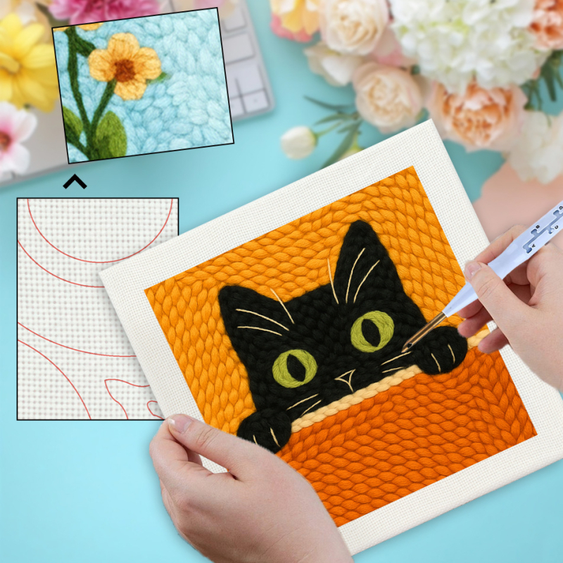 DIY komplet kvadratnog šivanja — Crni mačji uzorak, crtani stil, platno za šivanje