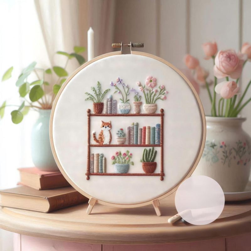 DIY komplet za izšivanje: motiv iz serije Mačja knjižnica s engleskim tehnikama šivanja
