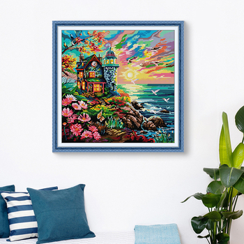 Set za križni bod: Krajolik uz obalu s svjetionikom, platno 11ct, ekološka pamuka, moderni stil jednostavnosti