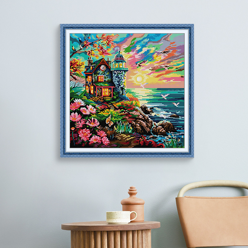 Set za križni bod: Krajolik uz obalu s svjetionikom, platno 11ct, ekološka pamuka, moderni stil jednostavnosti