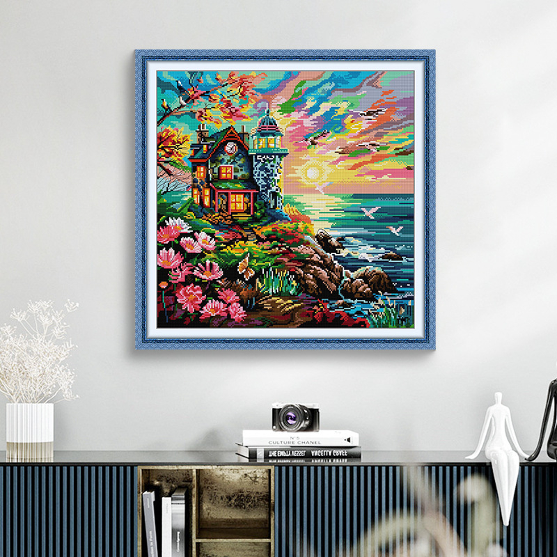 Set za križni bod: Krajolik uz obalu s svjetionikom, platno 11ct, ekološka pamuka, moderni stil jednostavnosti