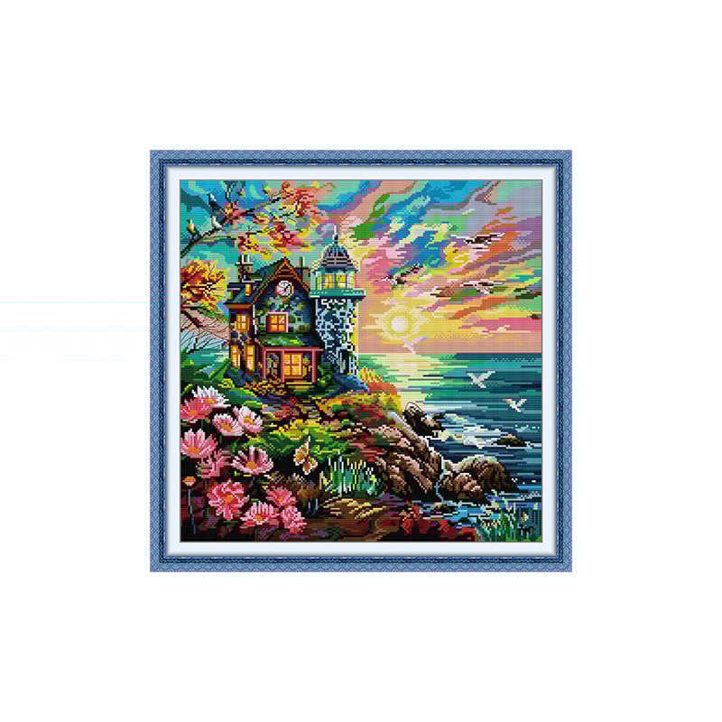 Set za križni bod: Krajolik uz obalu s svjetionikom, platno 11ct, ekološka pamuka, moderni stil jednostavnosti