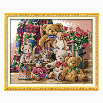 Set za križno šivanje: obitelj medvjeda, platno 11CT, ekološki pamuk, crtani/anime uzorak