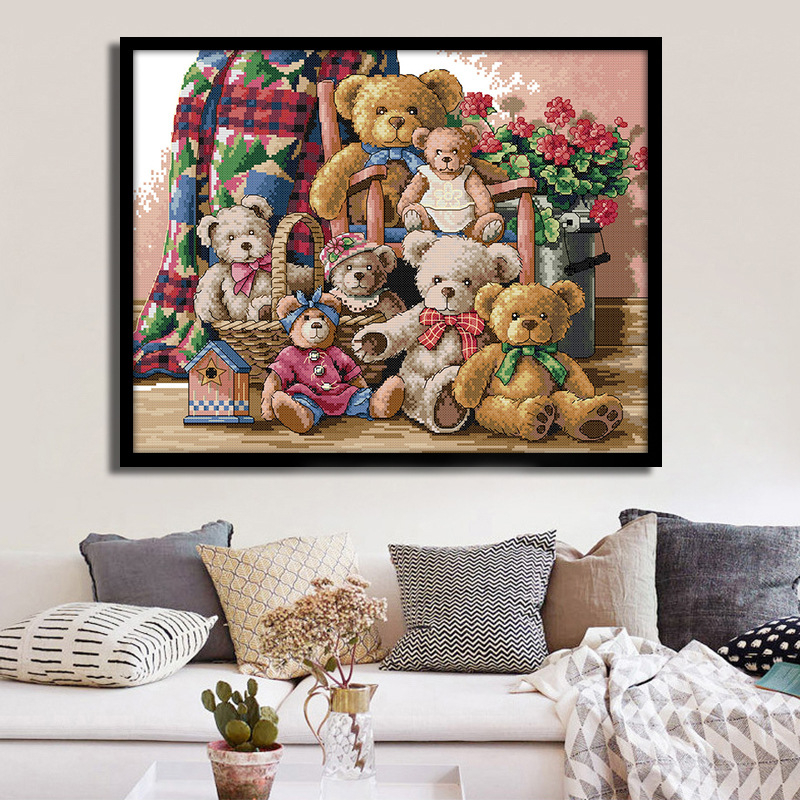 Set za križno šivanje: obitelj medvjeda, platno 11CT, ekološki pamuk, crtani/anime uzorak