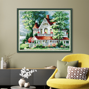 Set za križno šivanje — platno 11CT, ekološka pamuk, krajolik uz jezero s vilom, dnevni boravak dekor