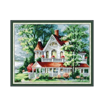 Set za križno šivanje — platno 11CT, ekološka pamuk, krajolik uz jezero s vilom, dnevni boravak dekor