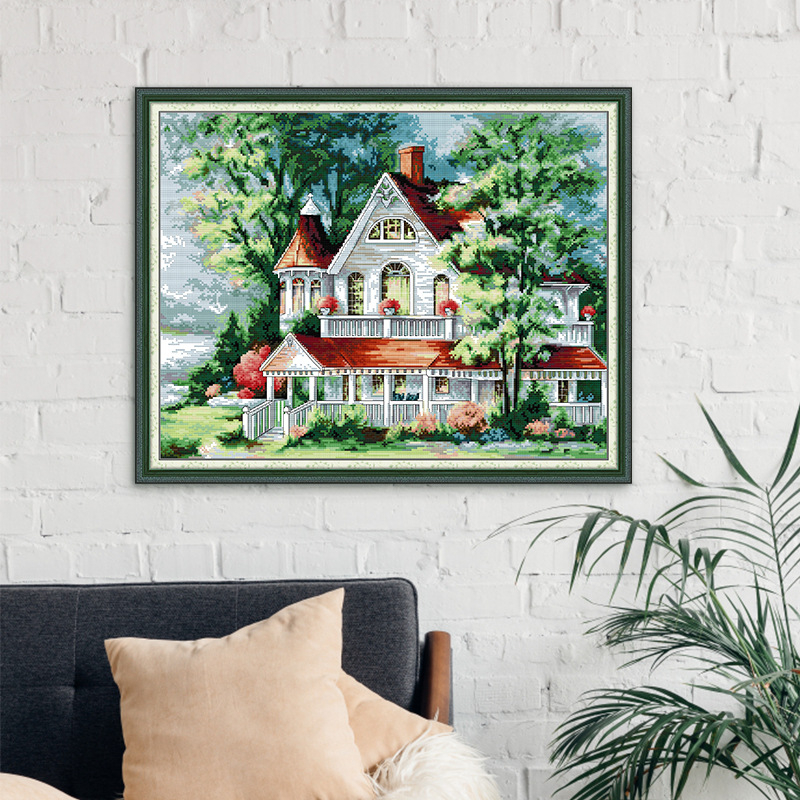 Set za križno šivanje — platno 11CT, ekološka pamuk, krajolik uz jezero s vilom, dnevni boravak dekor