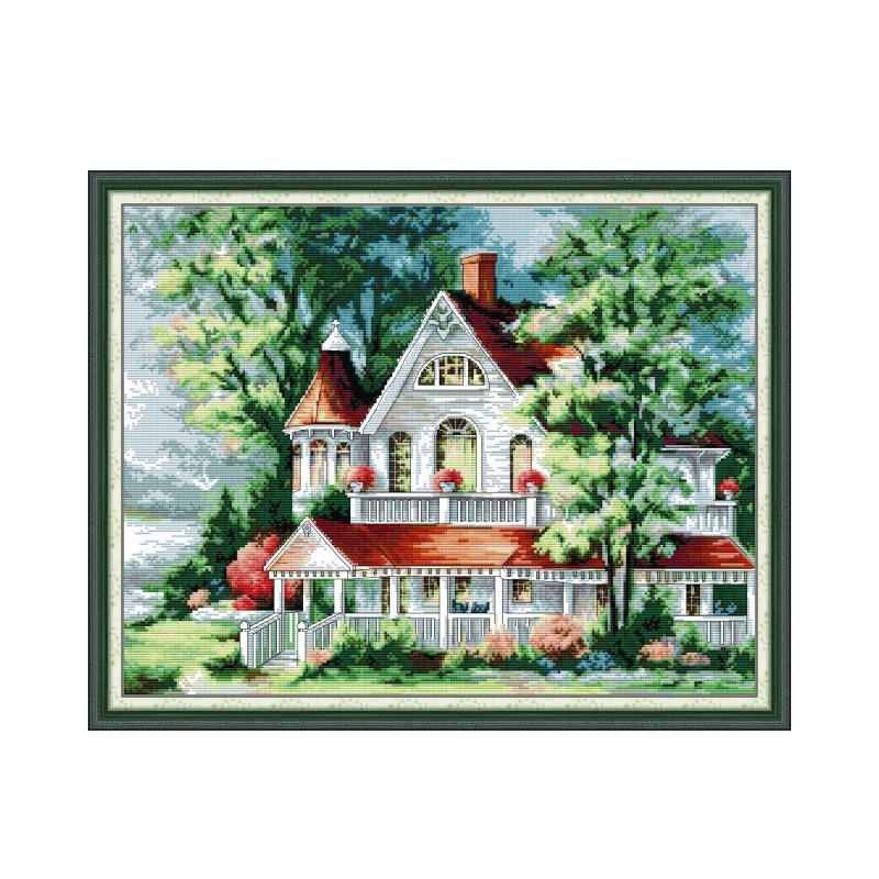 Set za križno šivanje — platno 11CT, ekološka pamuk, krajolik uz jezero s vilom, dnevni boravak dekor