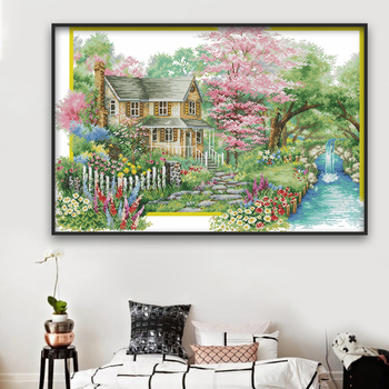 Set križićnog šivanja: cvjetni krajolik za dnevni boravak i spavaću sobu, moderan minimalistički stil, platno 11CT, materijali: ekološka pamuk / čisti pamuk