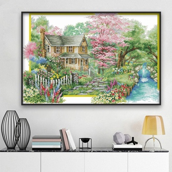 Set križićnog šivanja: cvjetni krajolik za dnevni boravak i spavaću sobu, moderan minimalistički stil, platno 11CT, materijali: ekološka pamuk / čisti pamuk