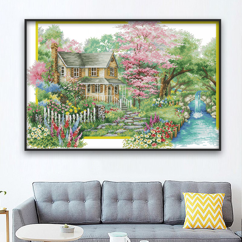 Set križićnog šivanja: cvjetni krajolik za dnevni boravak i spavaću sobu, moderan minimalistički stil, platno 11CT, materijali: ekološka pamuk / čisti pamuk