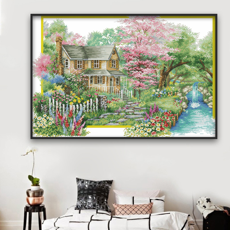 Set križićnog šivanja: cvjetni krajolik za dnevni boravak i spavaću sobu, moderan minimalistički stil, platno 11CT, materijali: ekološka pamuk / čisti pamuk