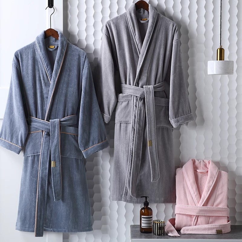 Хотелски халат от чист памук, 1000 г, еднородна прежда, подгънат край, мъжки