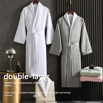 Халат за баня със хотелски стил, абсорбиращ вода, дебел двуслоен, унисекс за есенно-зимно ползване; Материал: Ултрафайн влакна; Тегло: 1150 g; Прежда: единична нишка; Тъкан: Plain weave; Персонализиране по заявка; Лого печат възможен