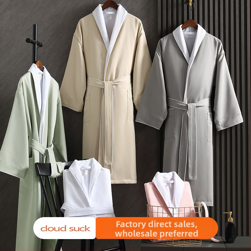 Халат за баня със хотелски стил, абсорбиращ вода, дебел двуслоен, унисекс за есенно-зимно ползване; Материал: Ултрафайн влакна; Тегло: 1150 g; Прежда: единична нишка; Тъкан: Plain weave; Персонализиране по заявка; Лого печат възможен