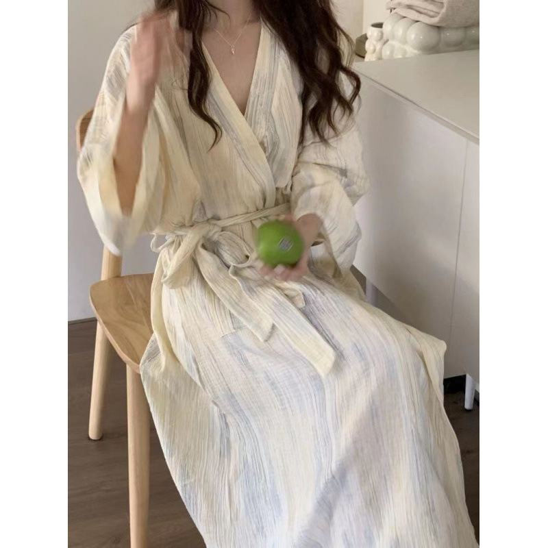 Ženski haljet u japanskom stilu s prugastim tie-dye uzorkom, opuštena silueta, vezanje, za proljeće i jesen