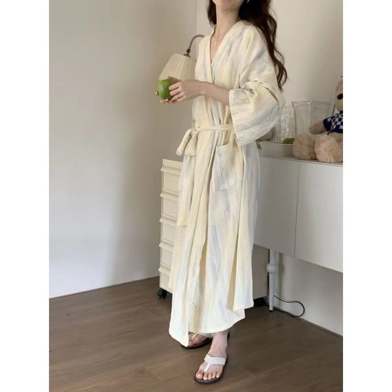 Ženski haljet u japanskom stilu s prugastim tie-dye uzorkom, opuštena silueta, vezanje, za proljeće i jesen
