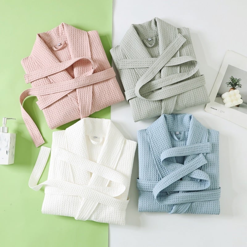 Дълъг халат за баня от чист памук с вафелна шарка, за двойки, бързосъхнещ