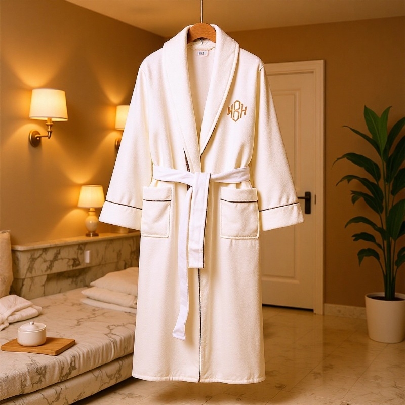 Халат за хотел от памук терри, 1100 г/м², многоплетна прежда, обшиване, персонализиране