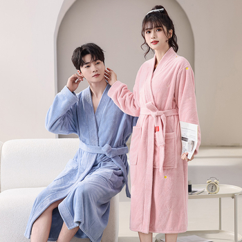 Халат за баня от корална плюш, унисекс, зимен, смес от полиестер и полиамид