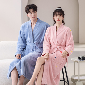 Халат за баня от корална плюш, унисекс, зимен, смес от полиестер и полиамид