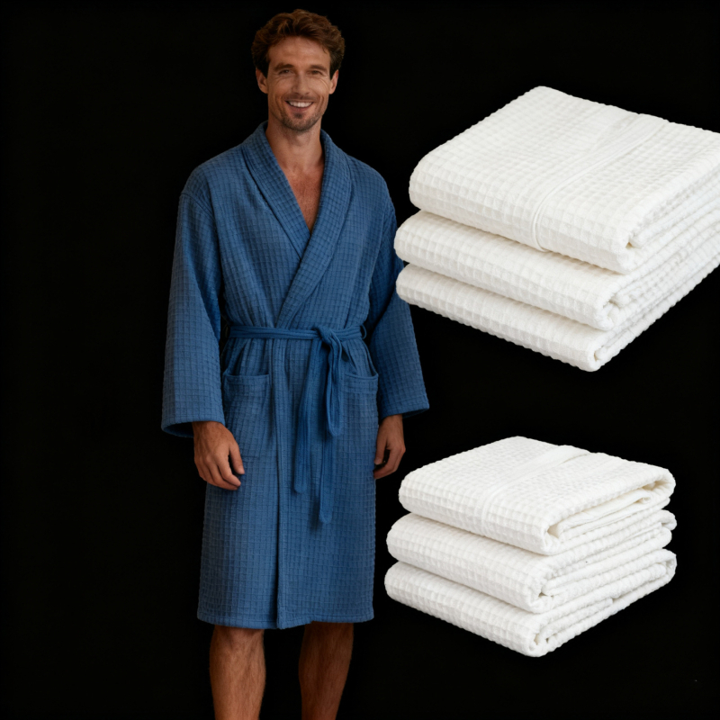Халат за баня - Памук, 700 г, Слойна прежда, Обшиване, Средна дължина