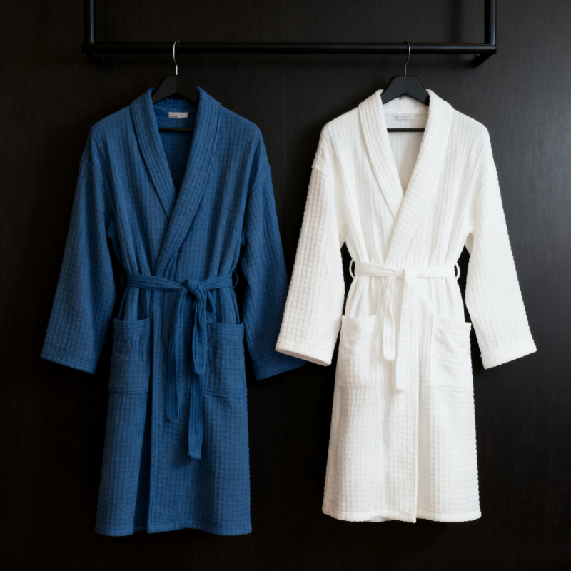 Халат за баня - Памук, 700 г, Слойна прежда, Обшиване, Средна дължина