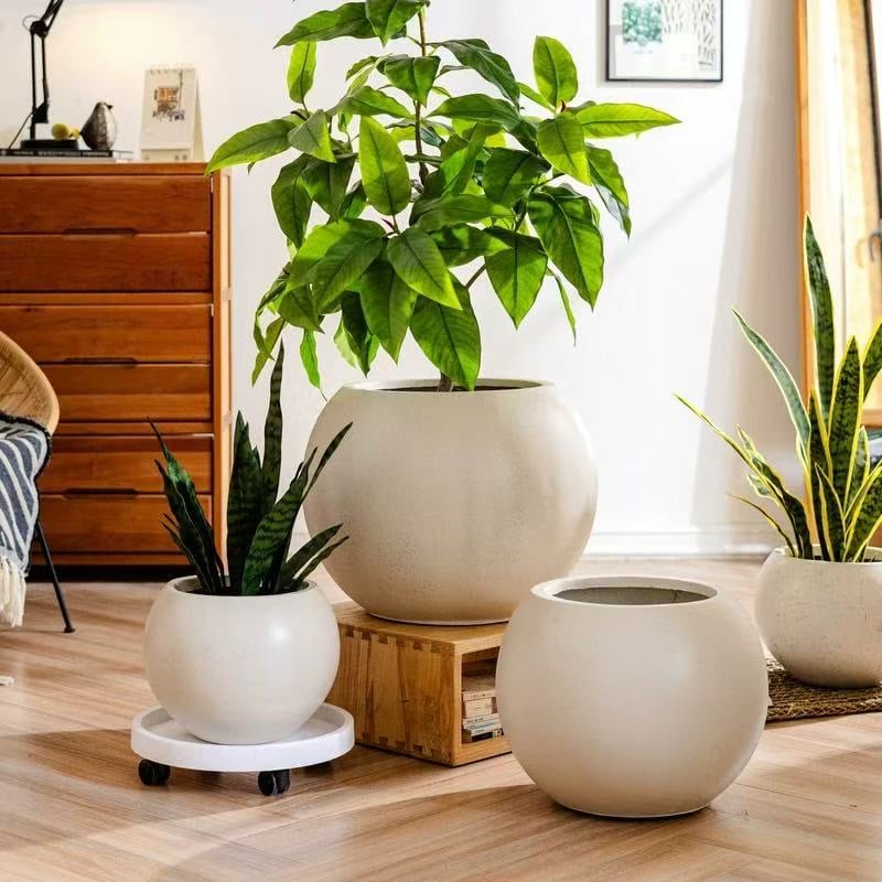 Gömb alakú magnézium-oxid virágtartó – öntöző, tartós cementes kivitel asztali vagy álló használatra