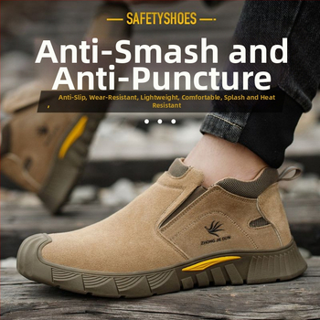 Bezpečnostné pracovné topánky s nízkym členkom; velúr hovädzej kože; železný prstový chránič; ochrana proti nárazu, prepichnutiu a popáleninám.