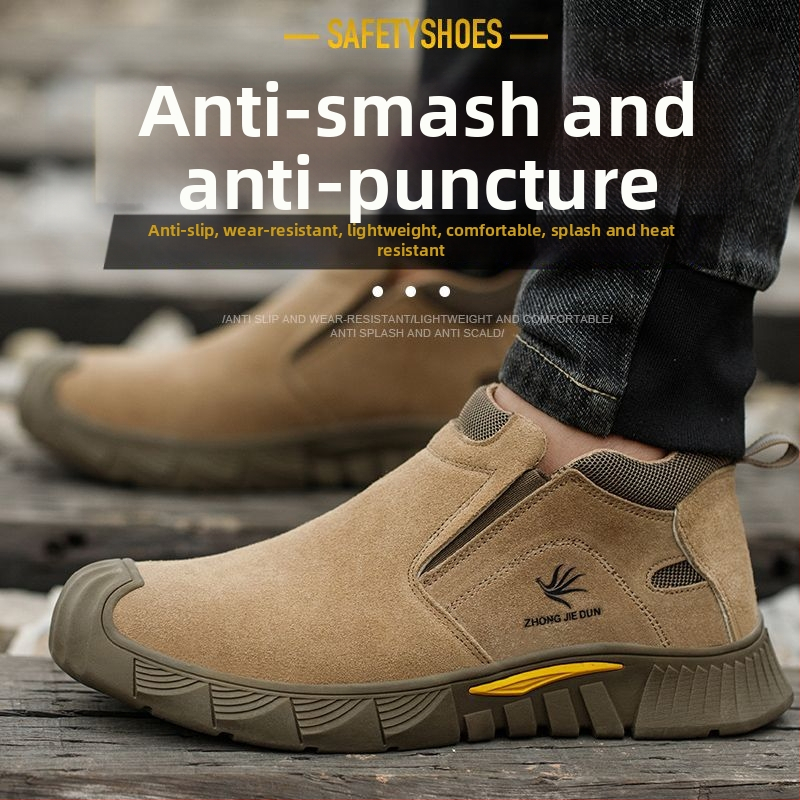 Bezpečnostné pracovné topánky s nízkym členkom; velúr hovädzej kože; železný prstový chránič; ochrana proti nárazu, prepichnutiu a popáleninám.