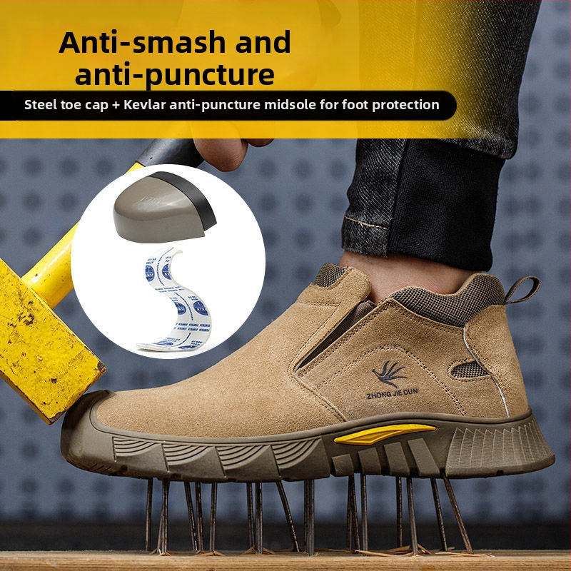 Bezpečnostné pracovné topánky s nízkym členkom; velúr hovädzej kože; železný prstový chránič; ochrana proti nárazu, prepichnutiu a popáleninám.