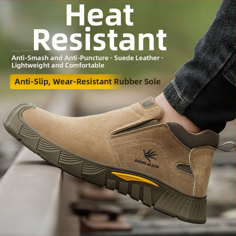 Bezpečnostné pracovné topánky s nízkym členkom; velúr hovädzej kože; železný prstový chránič; ochrana proti nárazu, prepichnutiu a popáleninám.