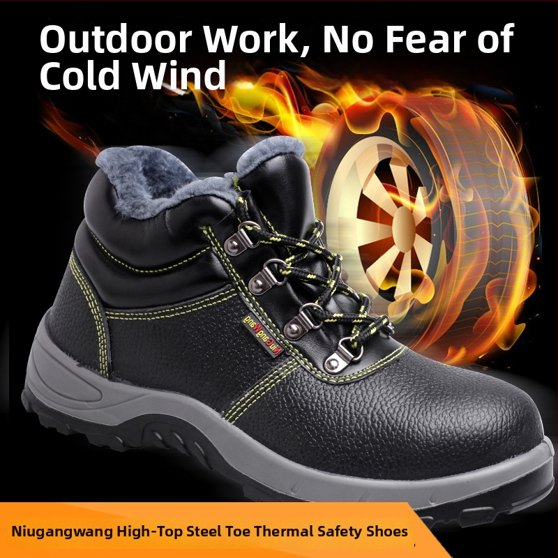 Pantofi de protecție de iarnă din piele de vițel, cu căptușeală de fleece, vârf din oțel, protecție anti-șoc și anti-perforație, calzi, durabili, impermeabili și rezistenți la ulei